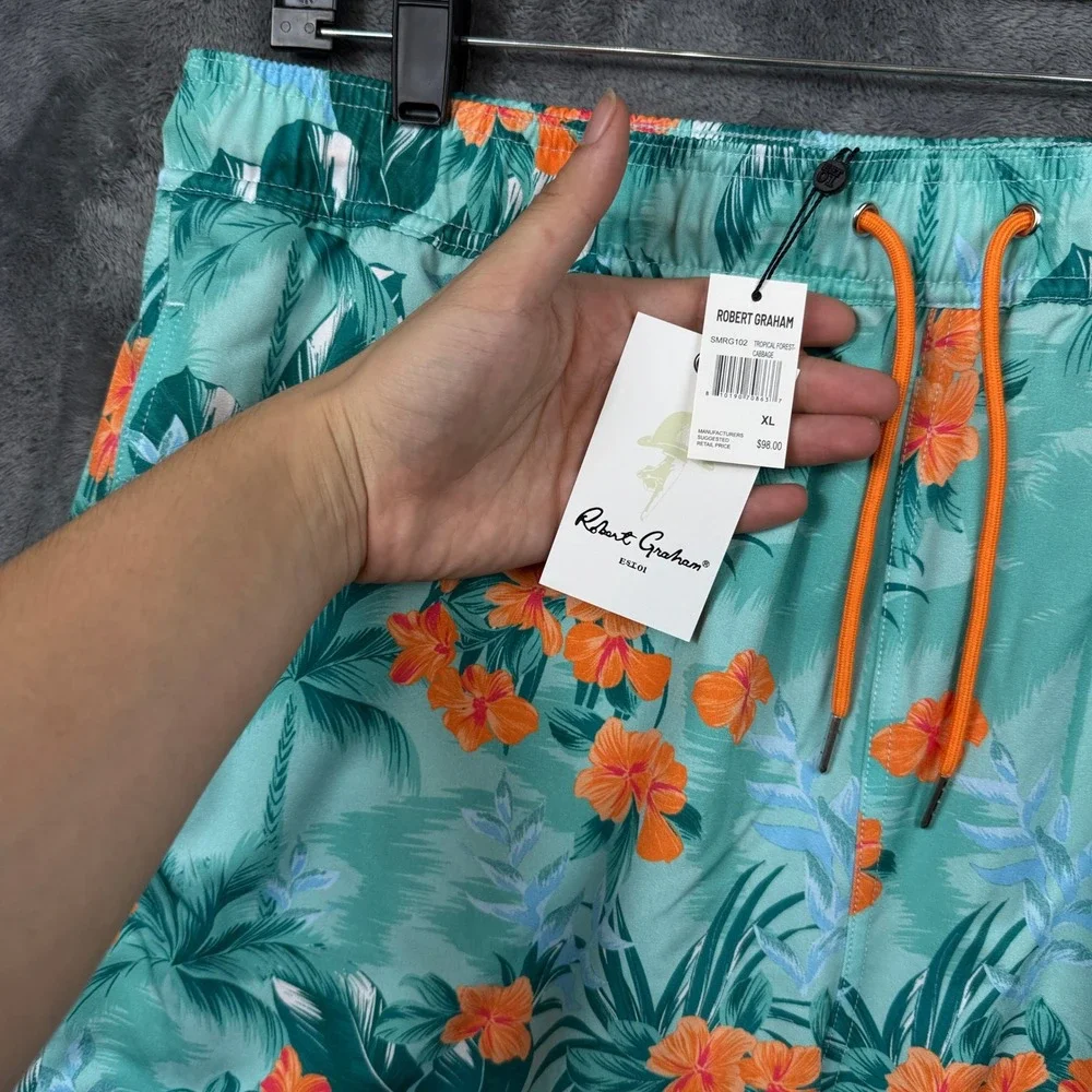 Robert Graham Swim Trunks Men XL Green New Tropical Forest Floral Hibiscus Print
